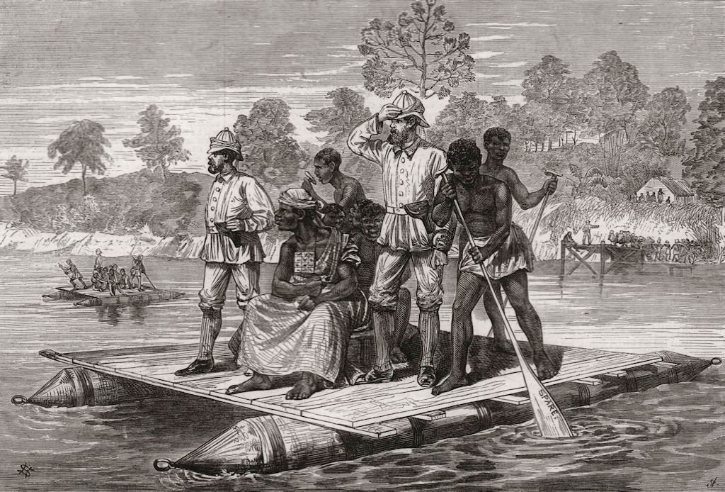 Ashanti Ambassadors Crossing the Phrah, 1874, sketched by Sir Henry Morton Stanley — a British officer, an Ashanti dignitary, and paddlers crossing the river