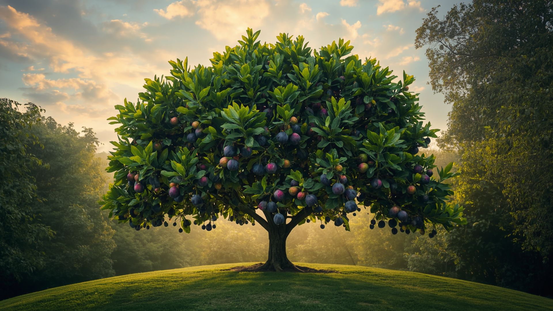 A single fig tree, full and fruit-laden, standing alone on a green hill at sunrise