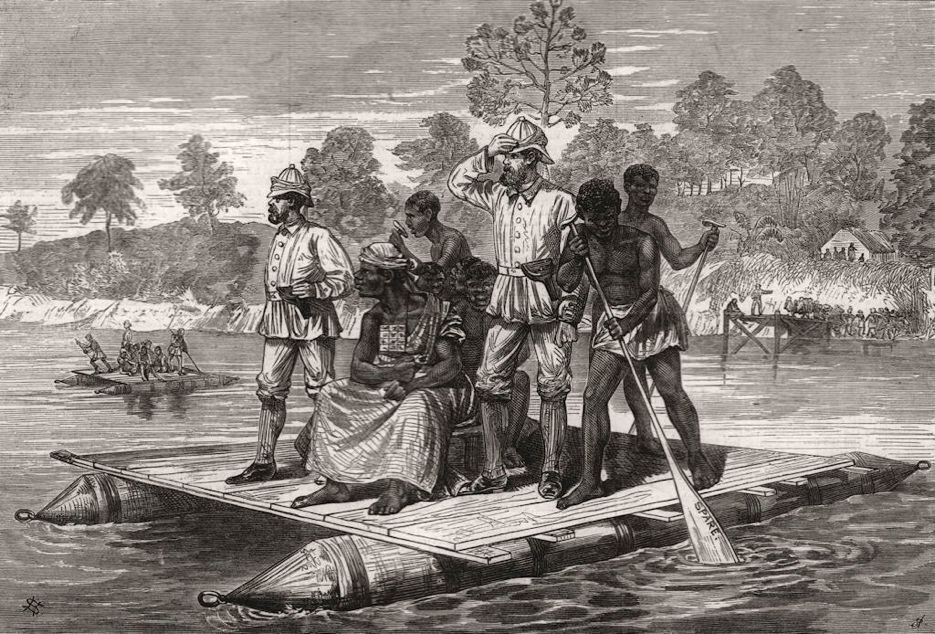Ashanti ambassadors and a British officer crossing a river by raft, 19th-century engraving