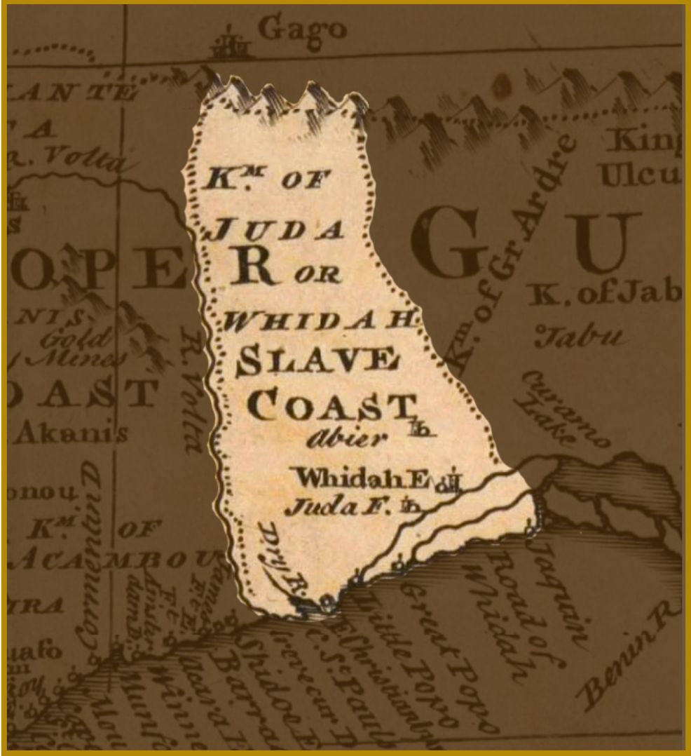 Negroland map detail with a brown tint over the surrounding territory, leaving a clear cutout over the Kingdom of Judah / Whidah Slave Coast region
