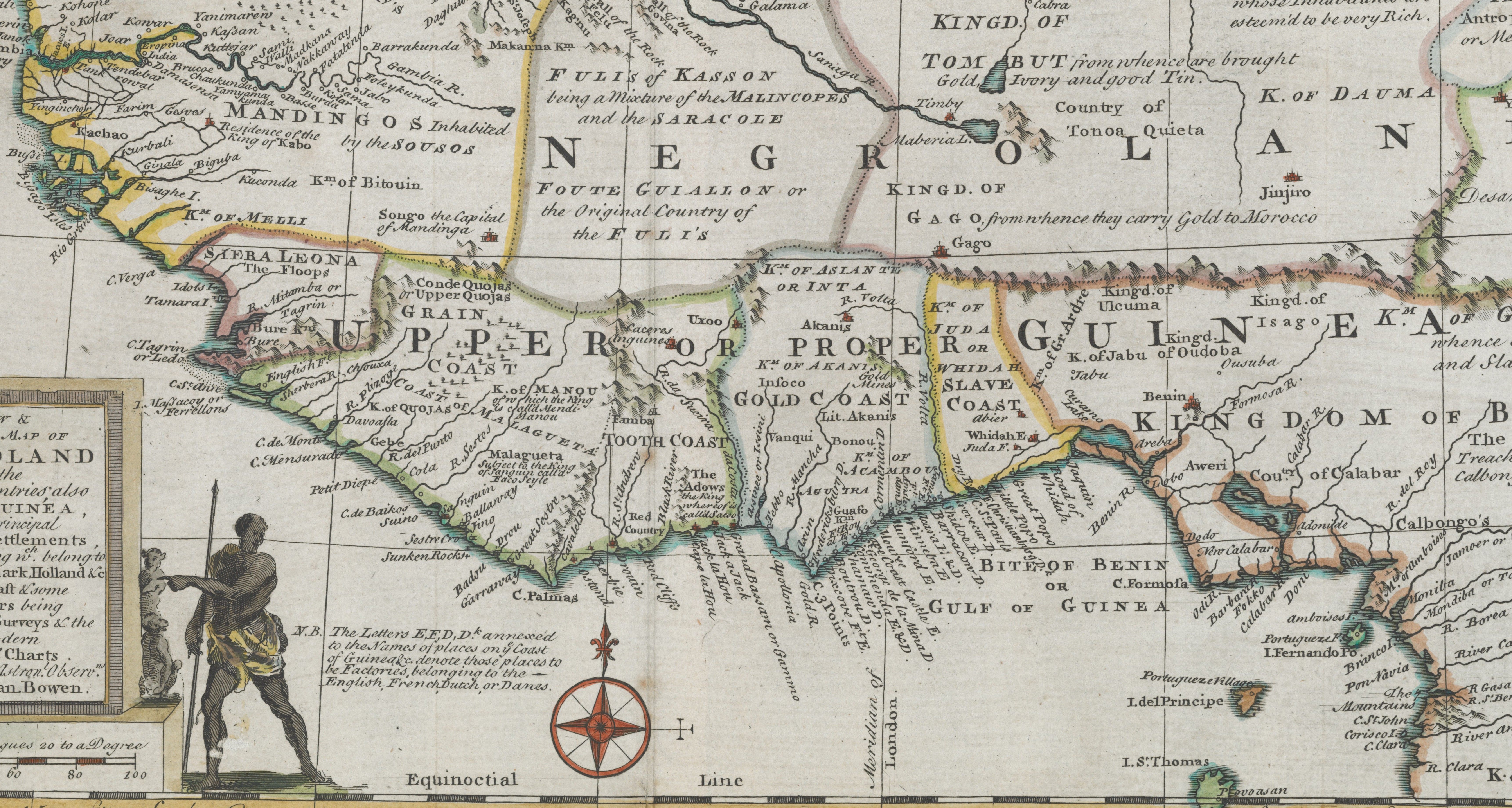 Full 1747 map of Negroland and adjacent countries by Bowen and Emanuel, showing the Upper and Proper Guinea coast kingdoms